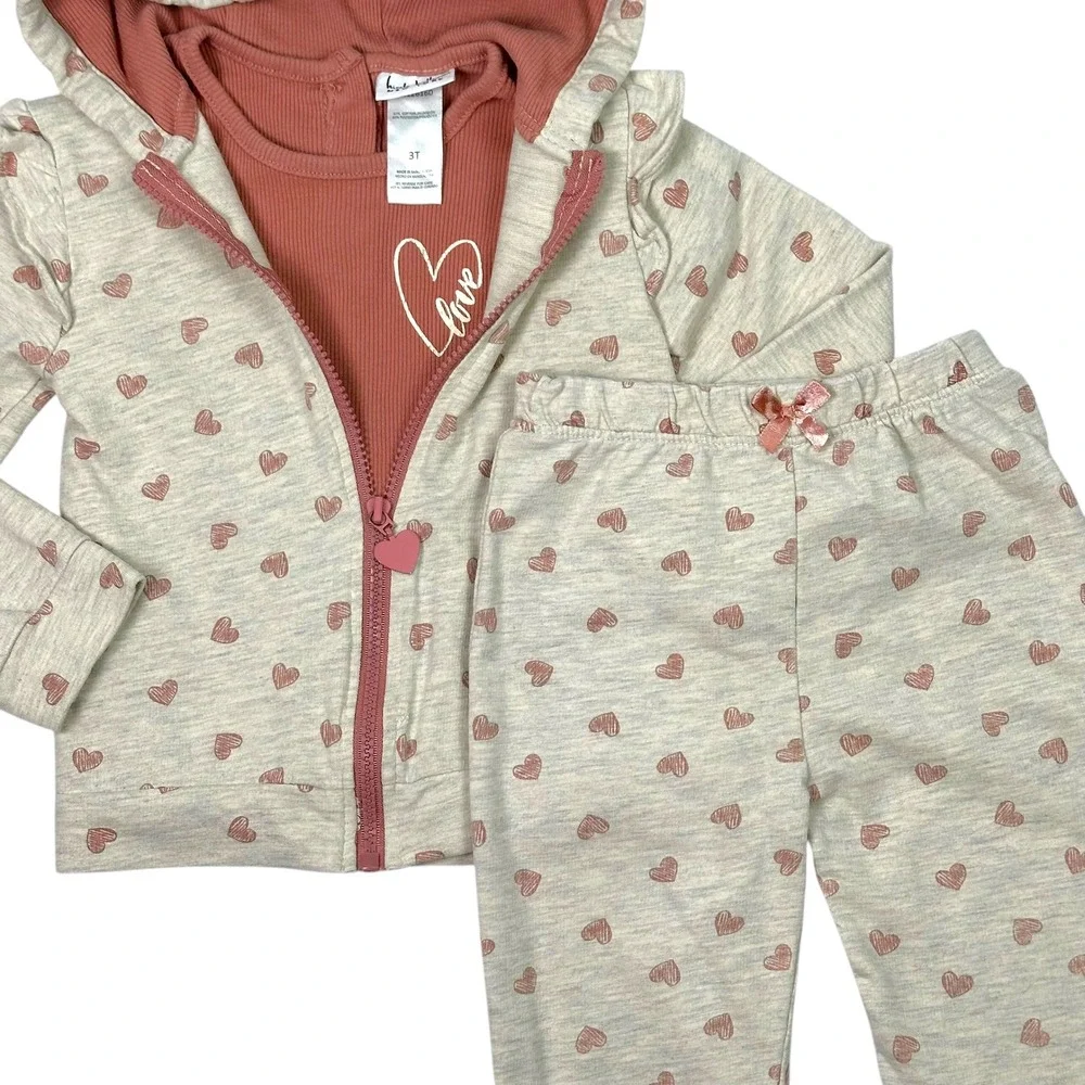 Nicole Miller 3pc Outfit Set Toddler Girls 3T Pink Heart Hoodie Tee Joggers